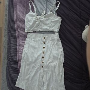 White Button-Down Crop Top and Skirt 2 Piece Set